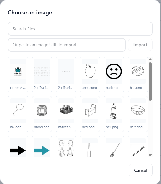 The Choose an image dialog, showing a searchable grid of library images.