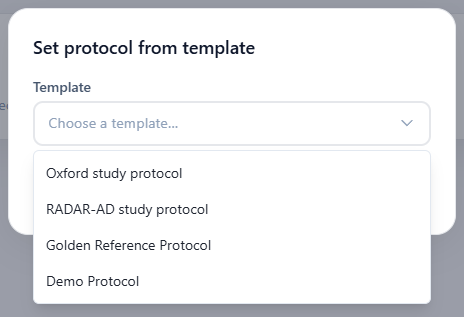 The Set protocol from template dialog with the template list open.